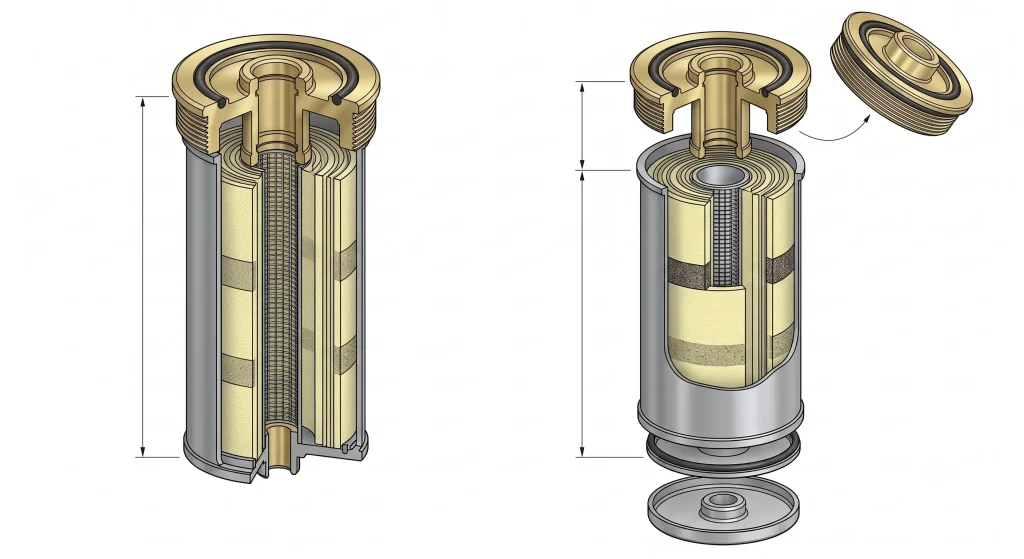 Cutaway diagram of a hydraulic filter element showcasing its pleated media, inner mesh core, end cap seals, and dimensional length structure.